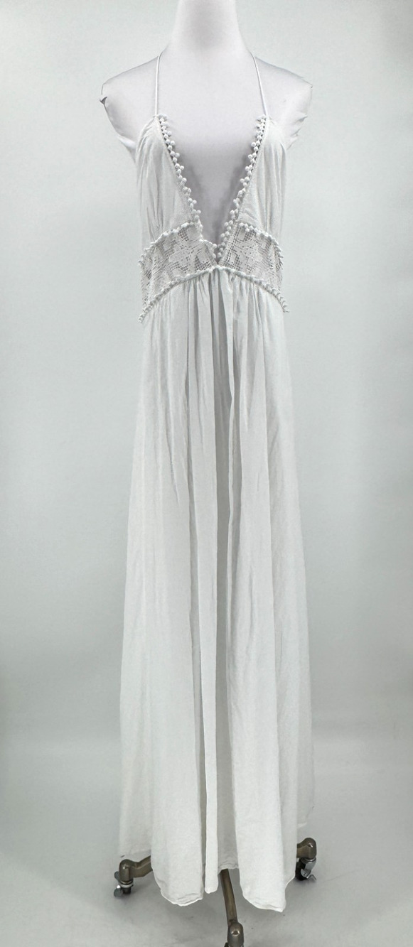 The Jetset Diaries White Cotton Deep Halter Sleeveless Maxi Boho Dress Sz L